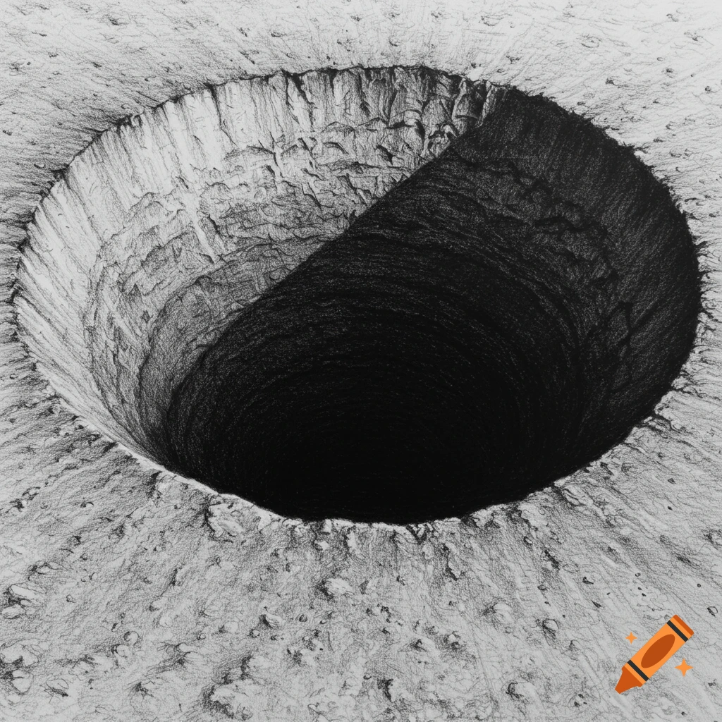 Black and white pencil drawing of a deep crater viewed from above.