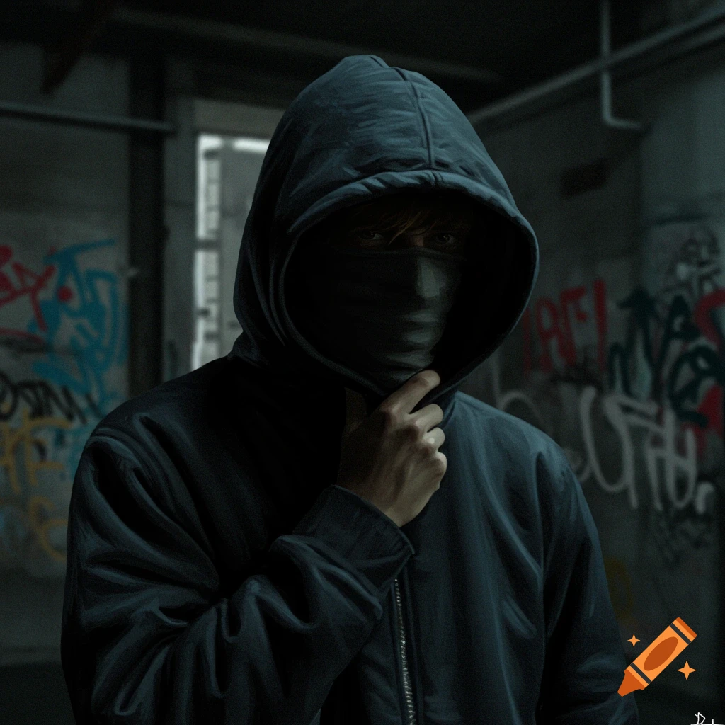 A person in a dark hoodie with a covered face is standing in an urban setting.