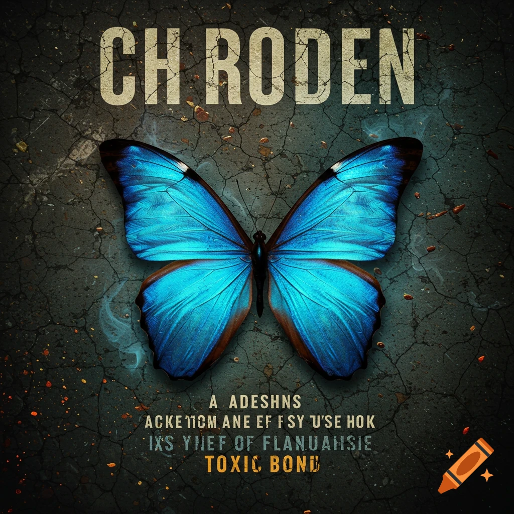 Blue butterfly on a dark, cracked grunge background with text.