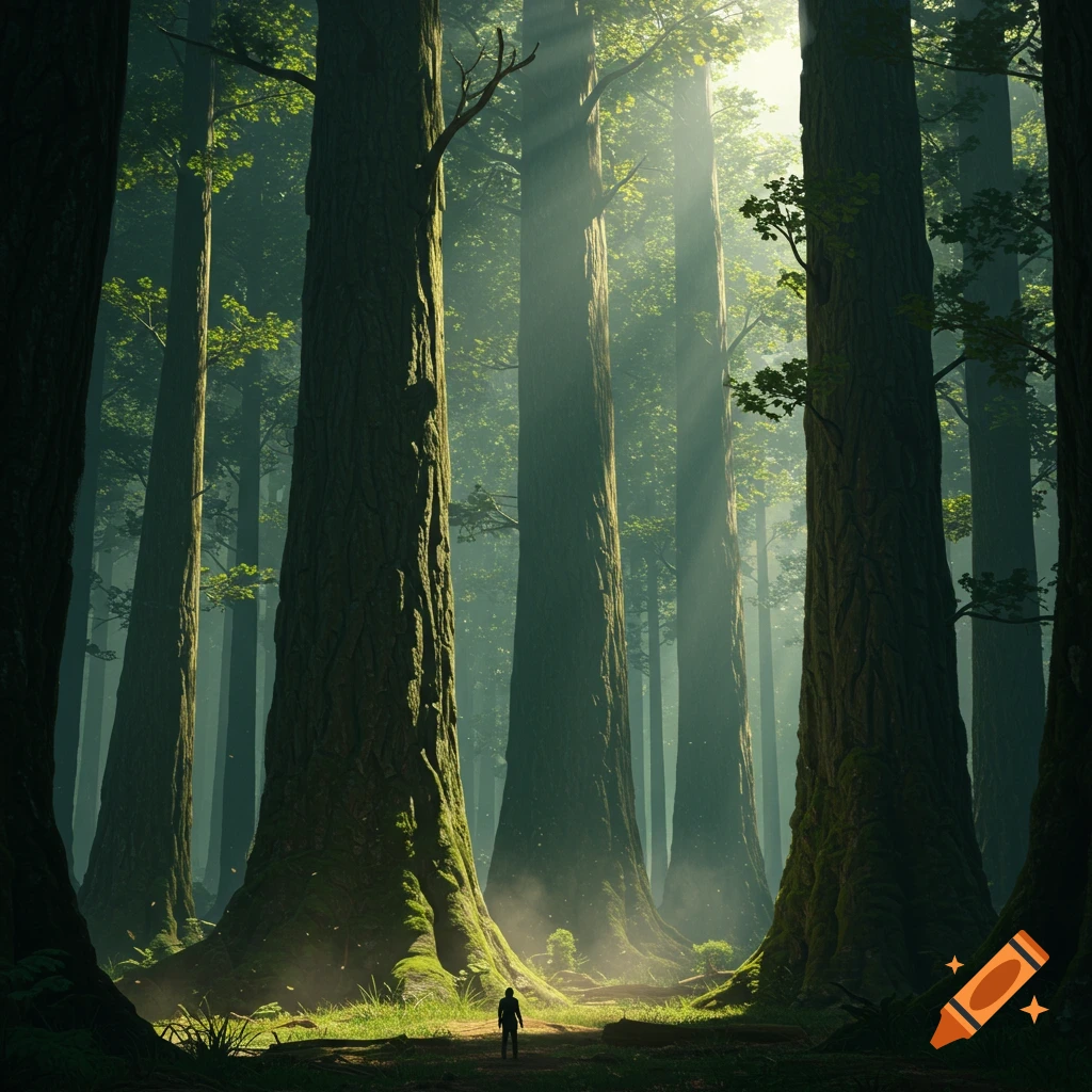 A person stands on a path in a forest with tall trees and sunlight shafts.