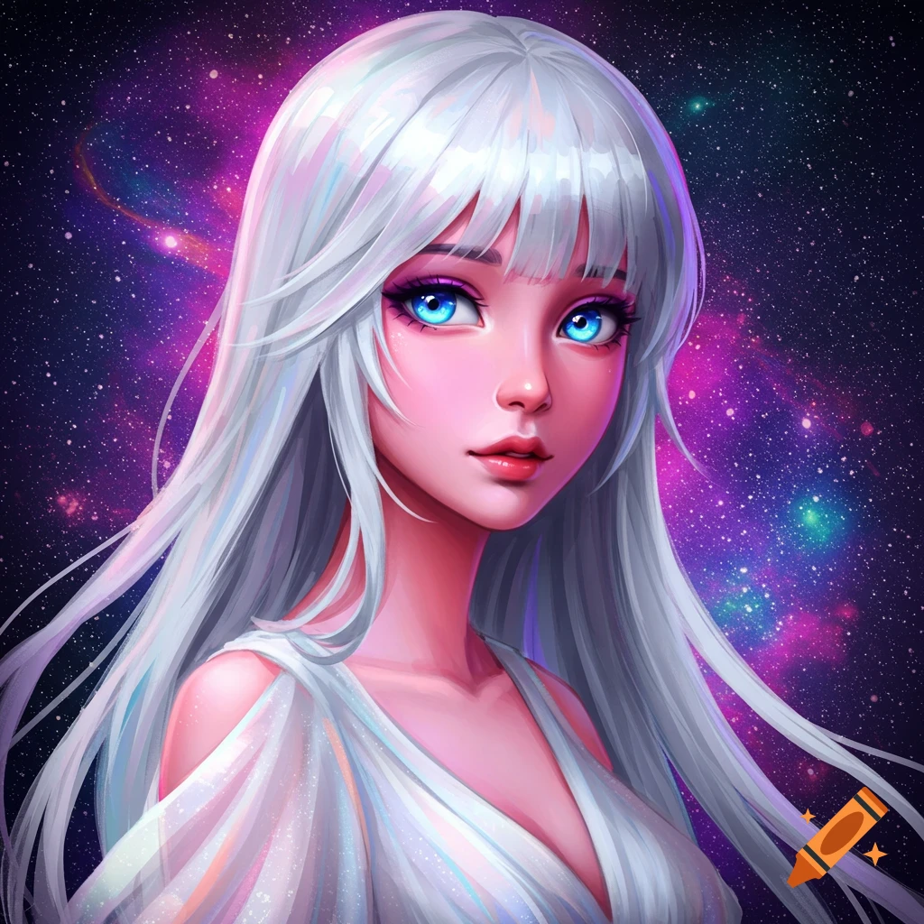 A stylized woman with white hair and blue eyes against a purple and pink starry galaxy background.