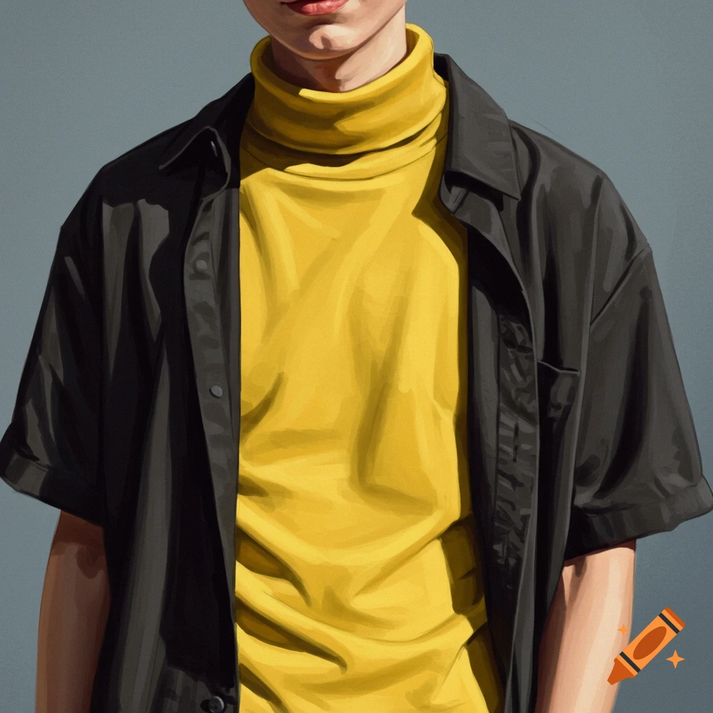 A person wearing a yellow turtleneck and black short-sleeve shirt.