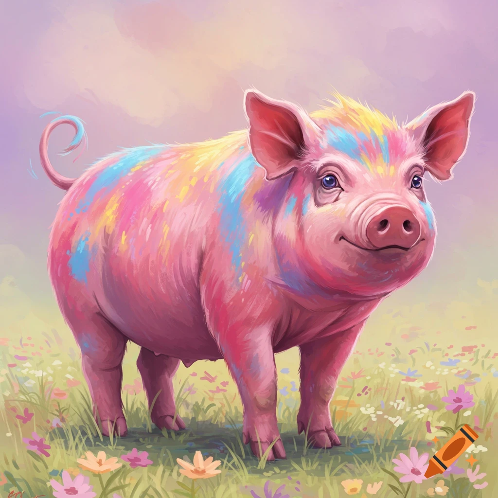 A pink pig covered in colorful paint is in a field of flowers
