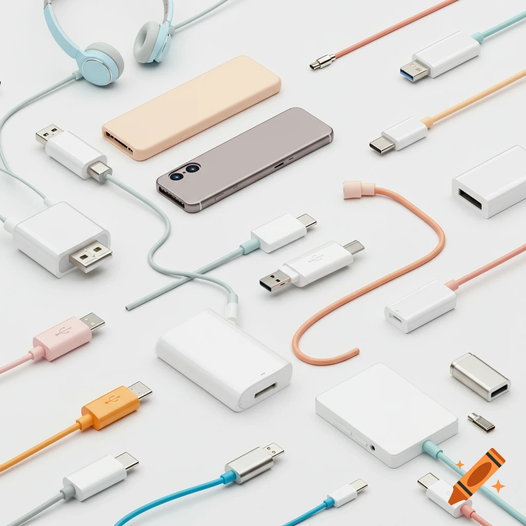 A flat lay collage of various pastel-colored USB cables, adapters, headphones, and a smartphone on a white background.