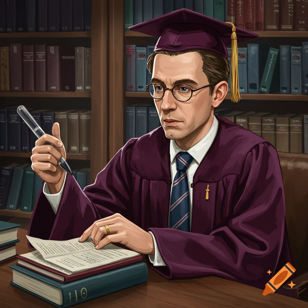 A man in a purple graduation gown and glasses is sitting at a desk with books in a library.