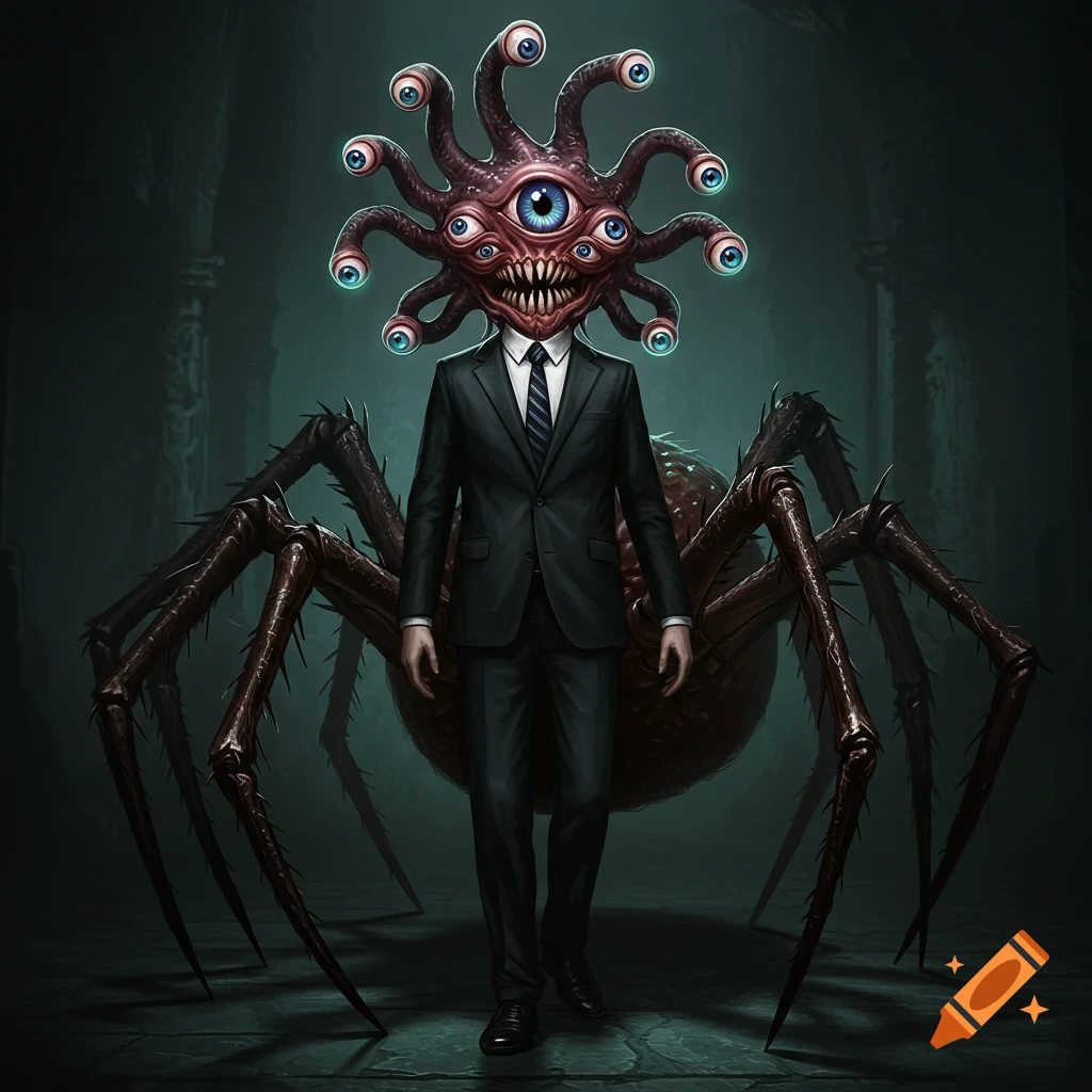 A monstrous creature with a beholder head and spider body walks in a suit.