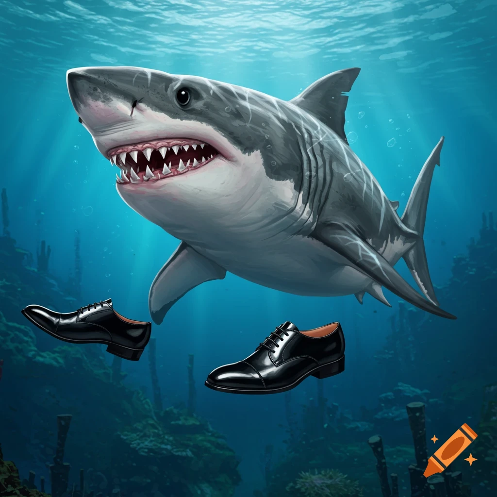 A shark wearing black dress shoes underwater.