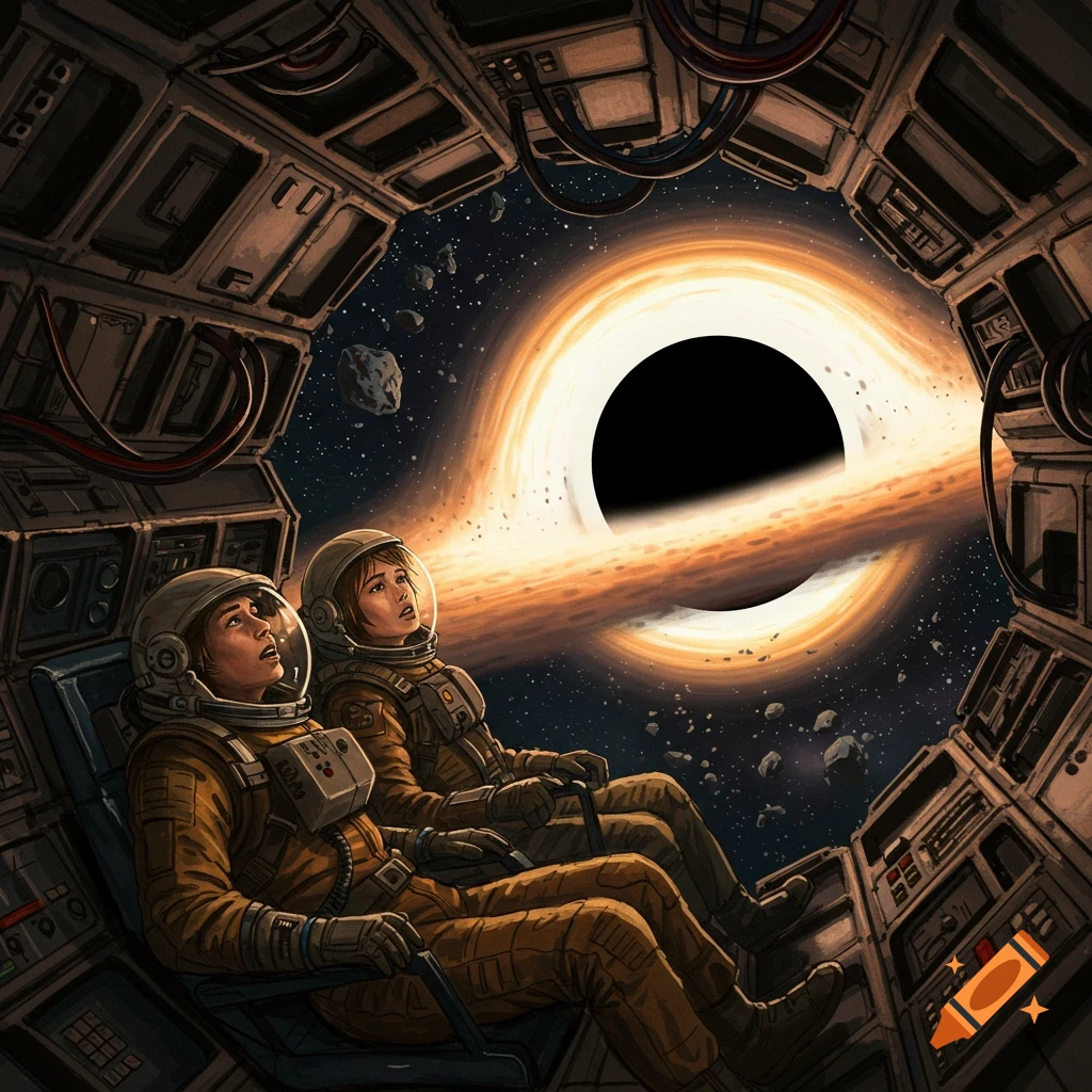 Two astronauts in a spaceship looking at a black hole.