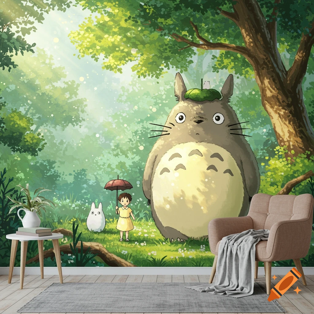Studio Ghibli style painting of Totoro, a child, and a small creature in a sunny forest.