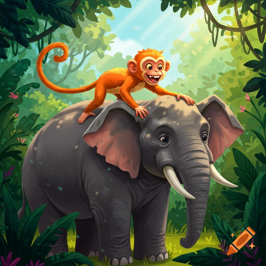 A cartoon monkey rides an elephant in a bright jungle illustration.