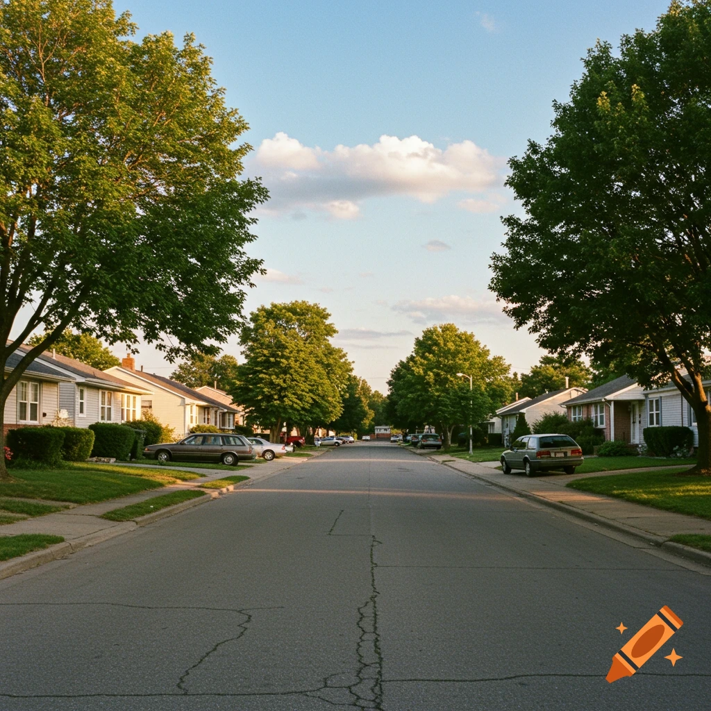 Suburban street scene with houses, cars, and trees.