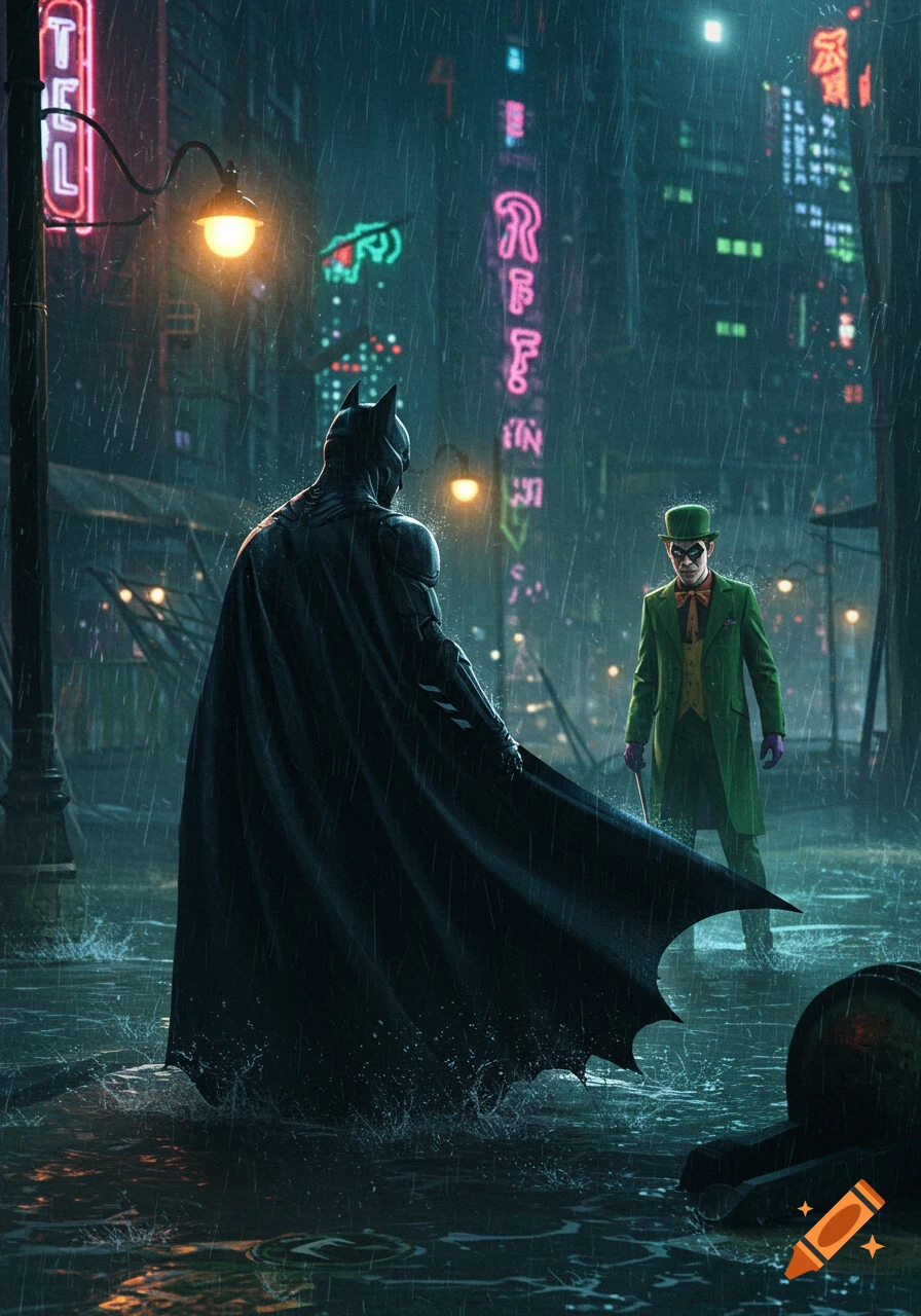 Batman stands facing the Riddler on a rainy city street at night.