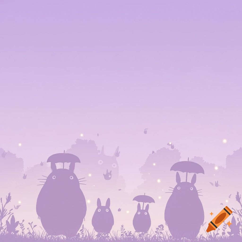 Silhouettes of Totoro characters and creatures with umbrellas in grass with fireflies against a pastel purple gradient sky.