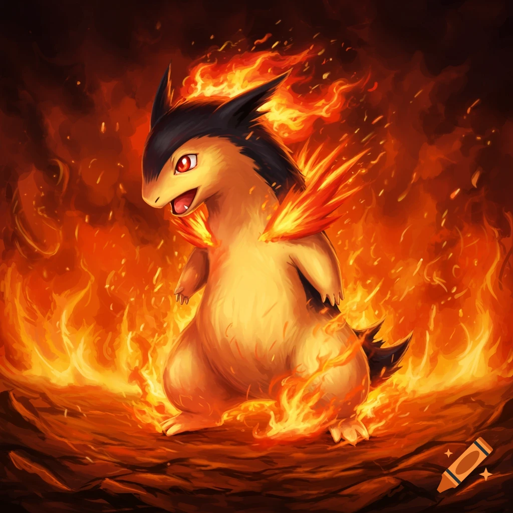 Typhlosion, the fiery Pokémon, engulfed in flames.