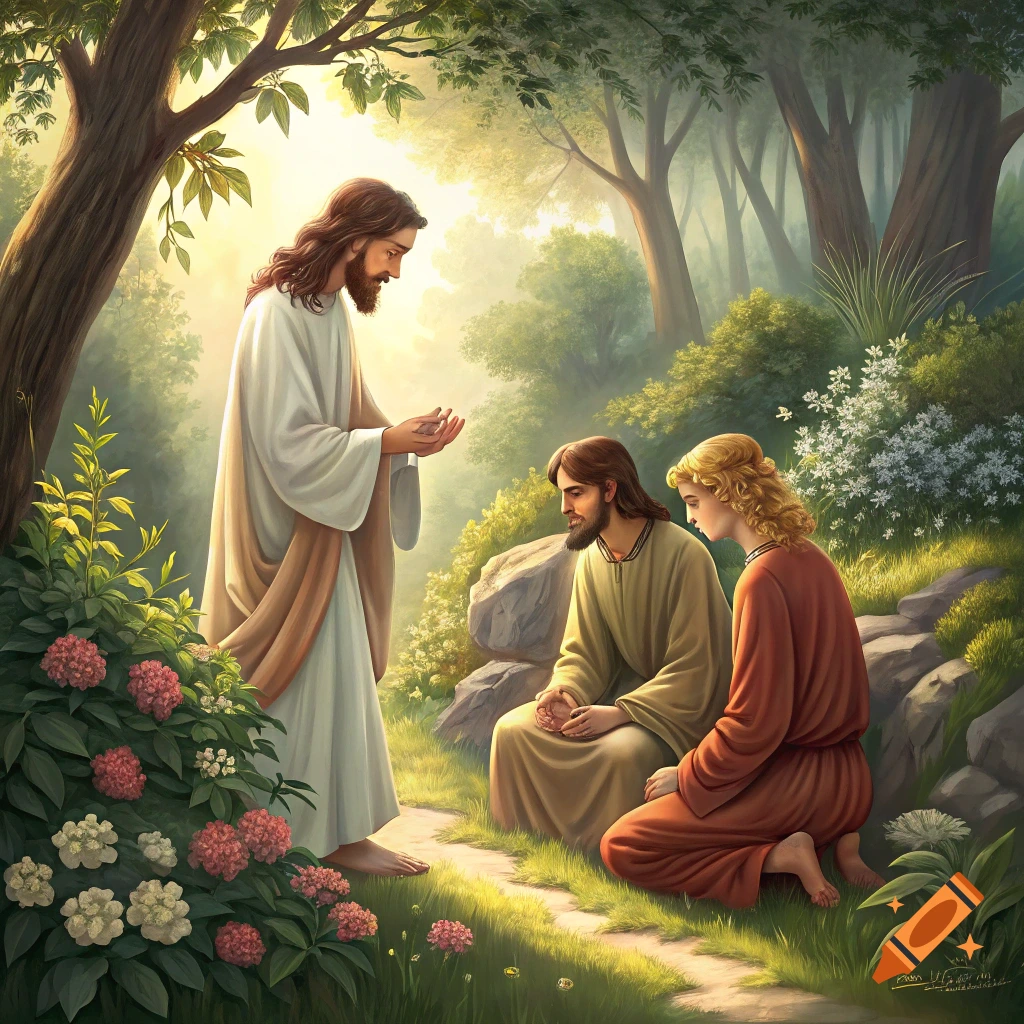 Illustration of Jesus standing before Adam and Eve in a lush garden.