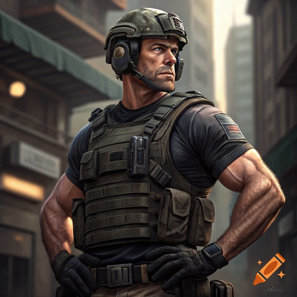 A soldier in tactical gear stands in an urban environment.