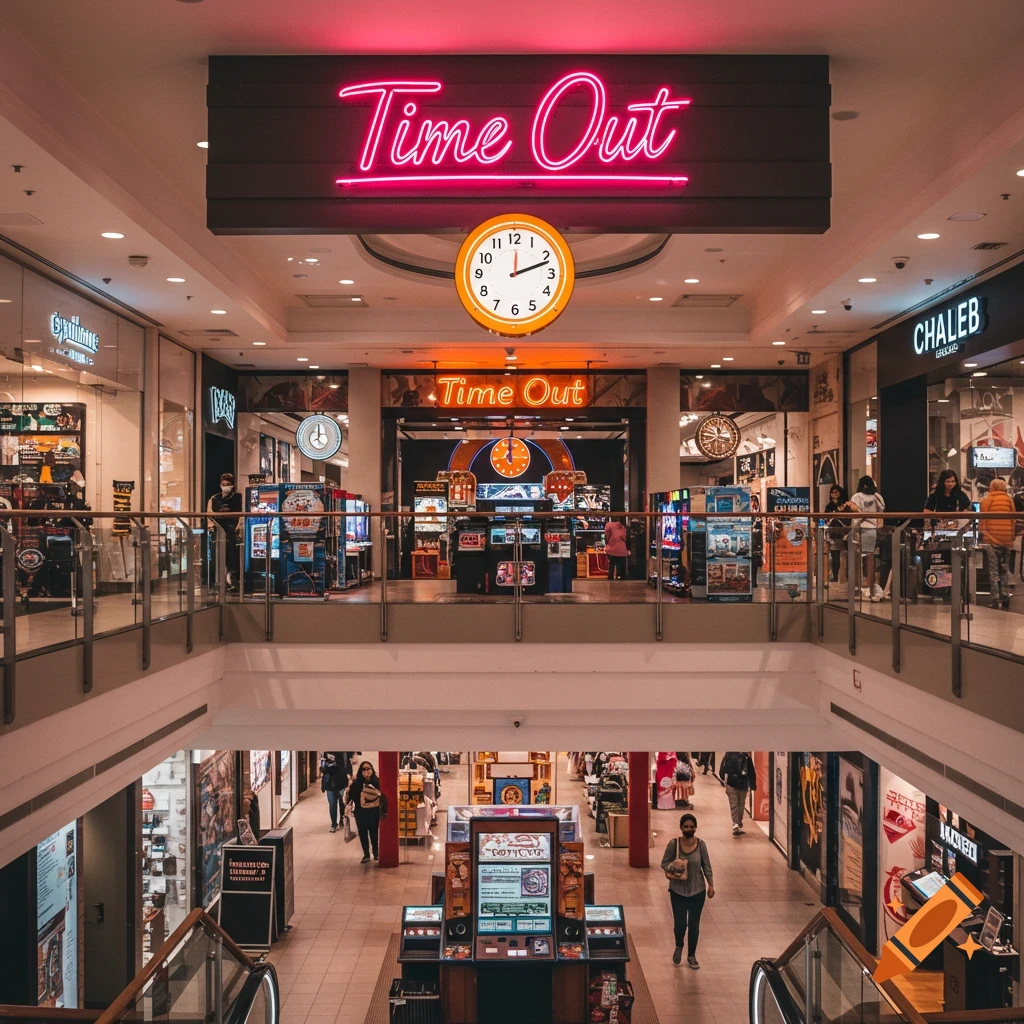 Interior view of a multi-level shopping mall with a neon 'Time Out' sign above an arcade entrance.