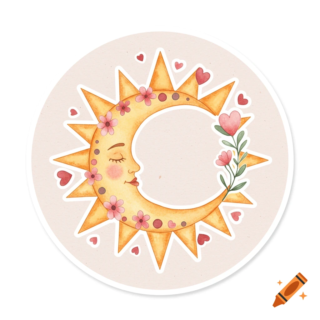 Watercolor illustration of a whimsical crescent sun and moon decorated with hearts and flowers.