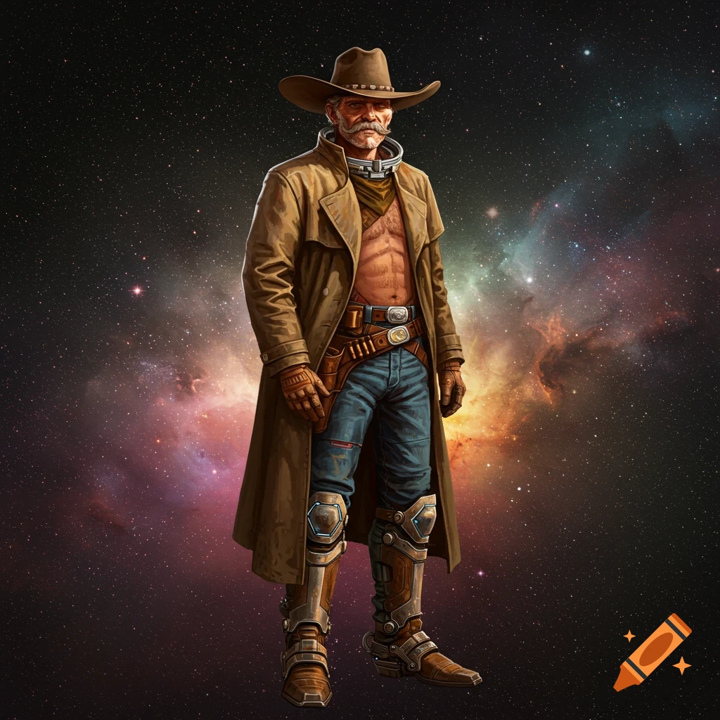 A space cowboy in a trench coat and futuristic boots stands against a galaxy background.