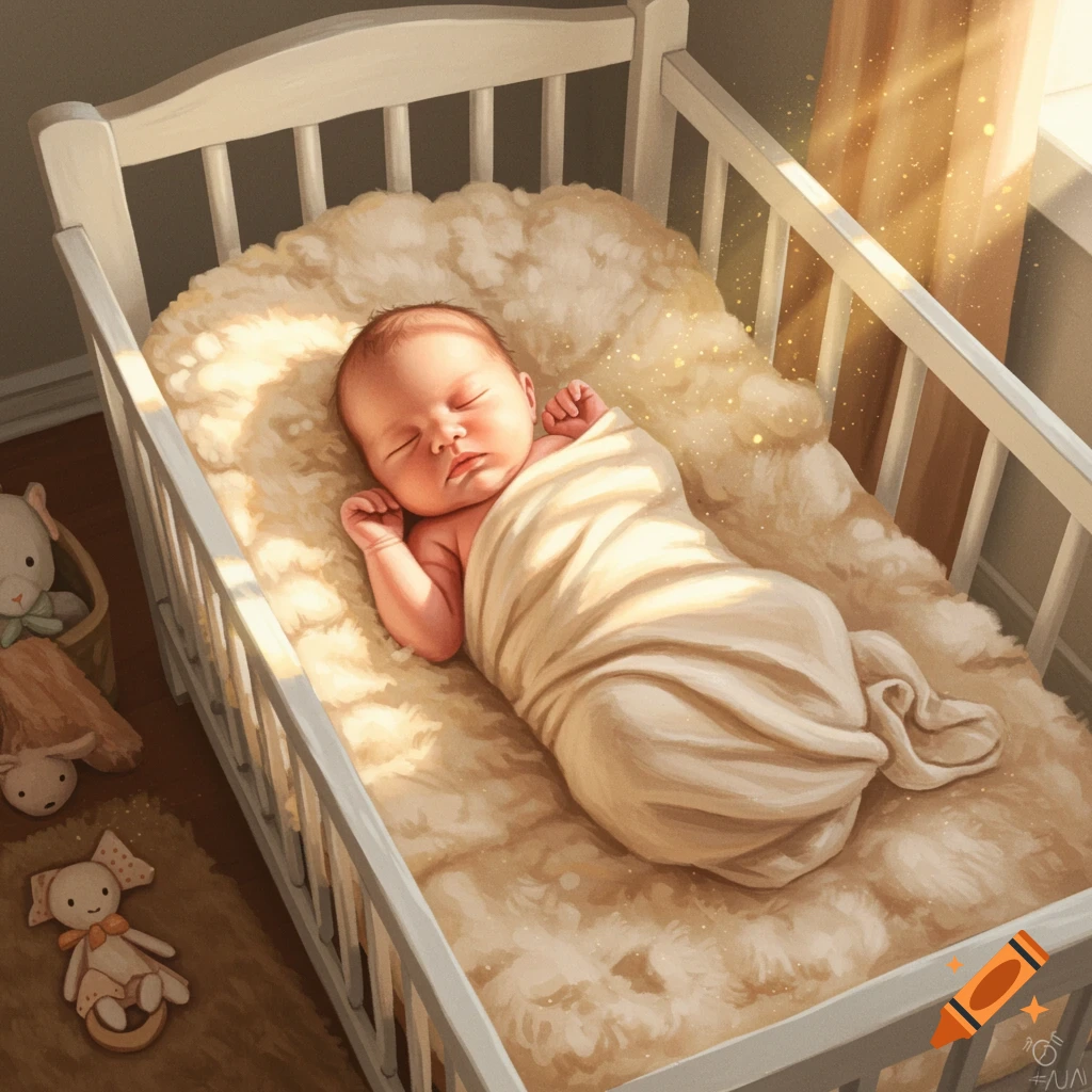 A swaddled newborn baby sleeping peacefully in a white crib with soft blankets and toys.