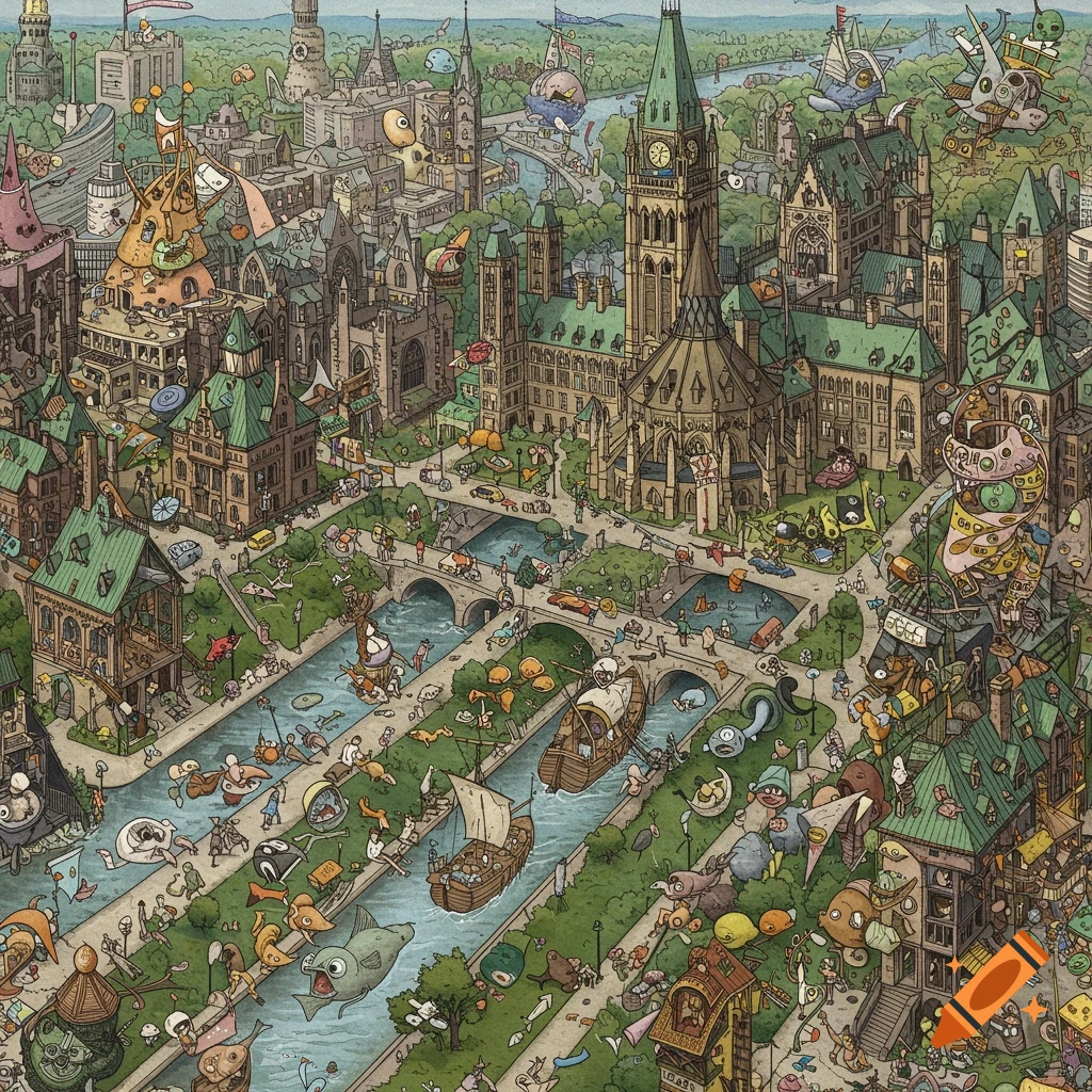 A whimsical and crowded cityscape filled with strange creatures and bizarre buildings in the style of Hieronymus Bosch.