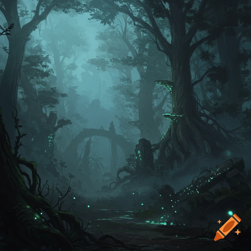 A dark, foggy forest with glowing green details.