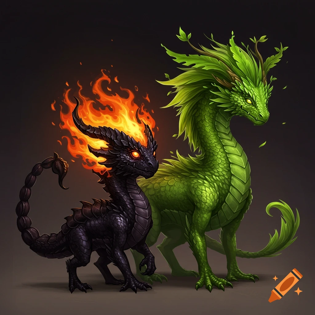 A small black dragon with fire on its head and scorpion tail next to a large green leafy dragon.