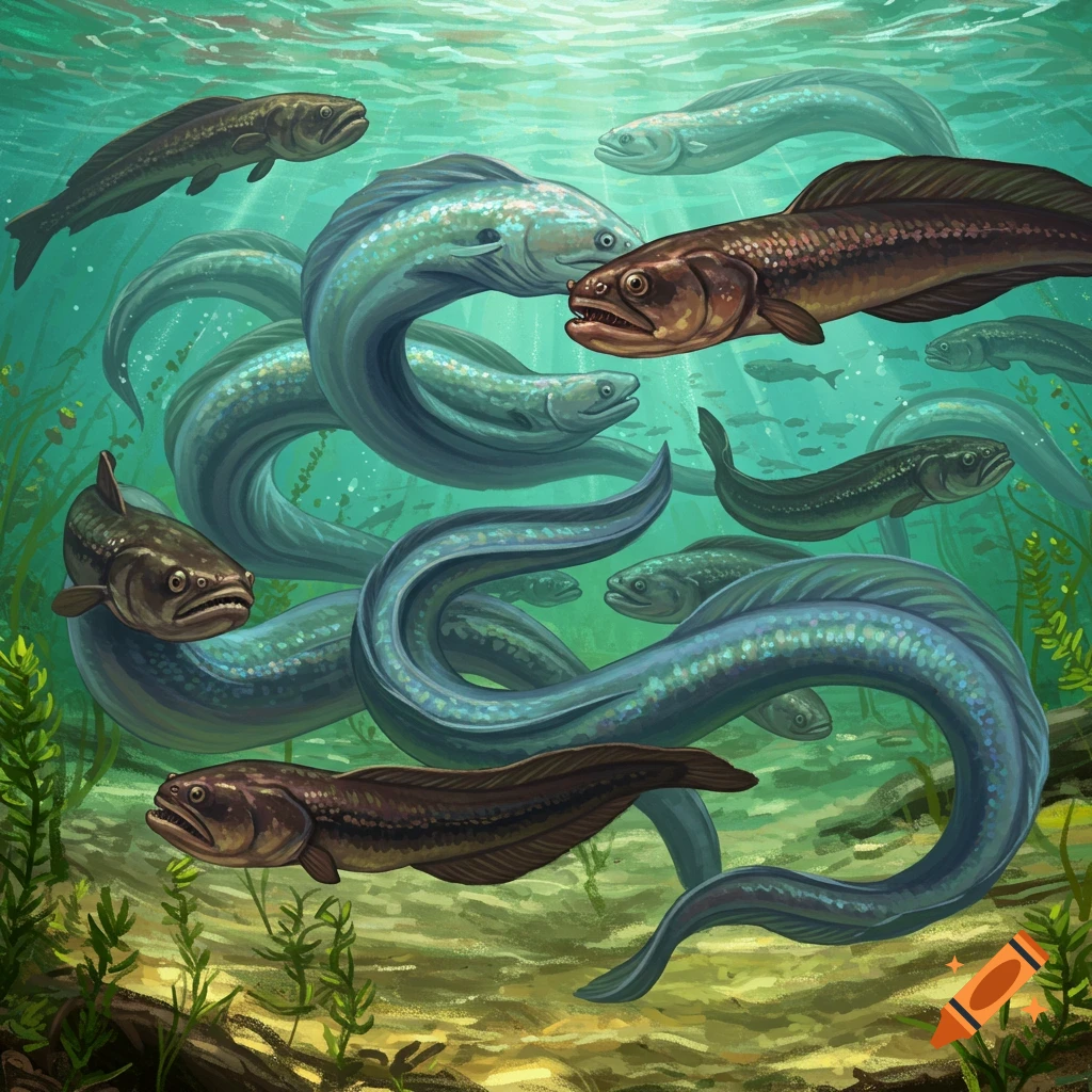 Eels and fish swimming underwater among plants and rocks.