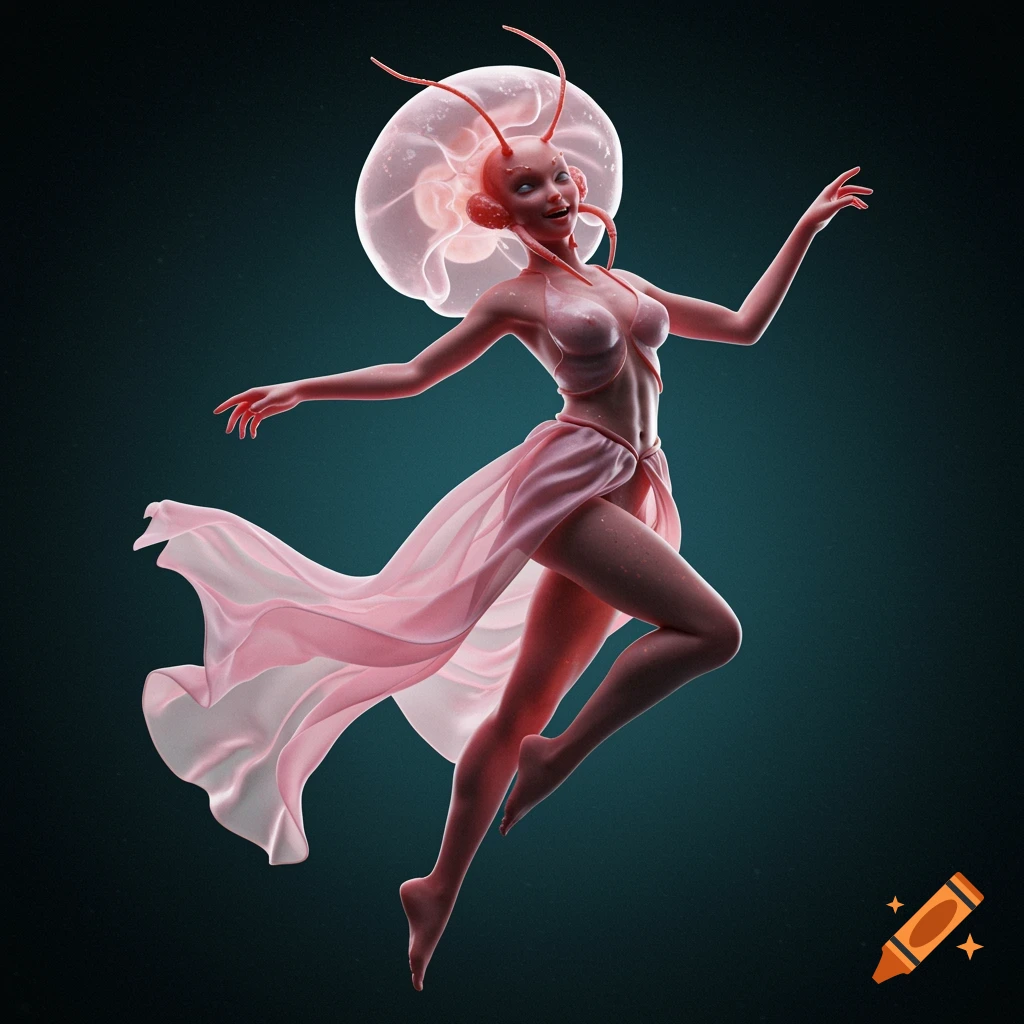 A surreal human-jellyfish creature in a pink flowing dress levitates against a dark background, digital art.