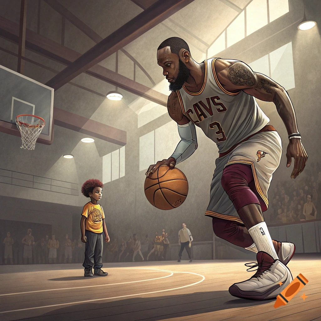 Illustration of a large basketball player dribbling a ball and looking at a small child in a gym
