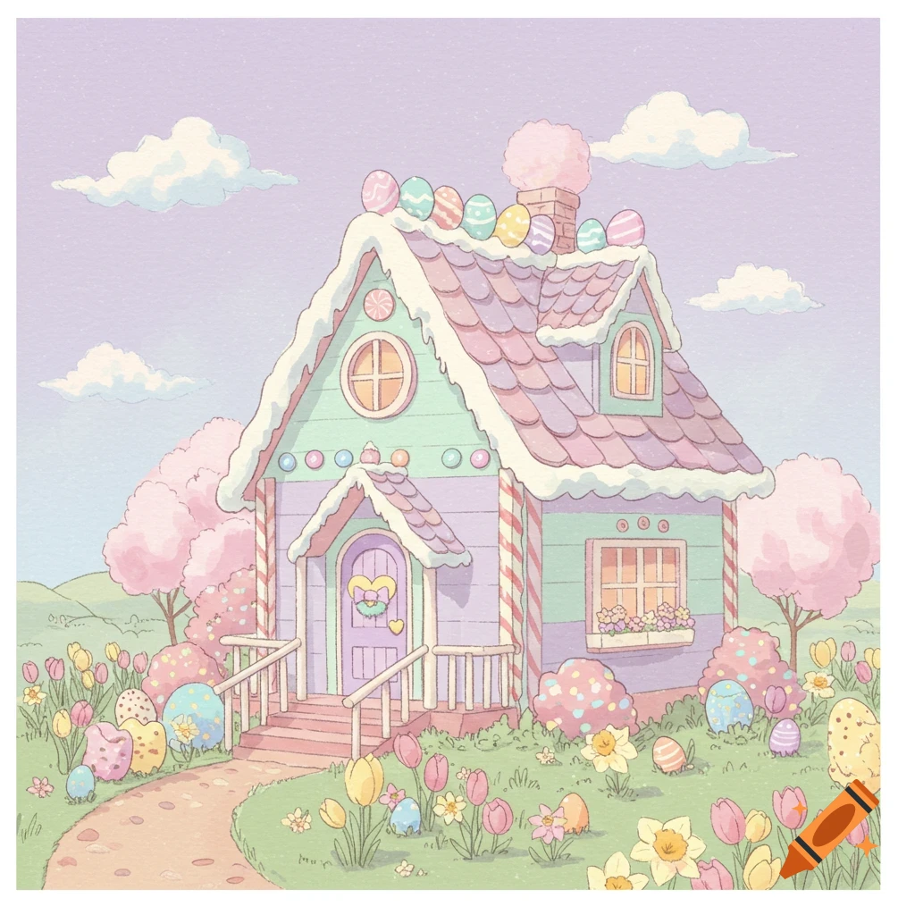 A pastel house decorated with Easter eggs and candy, surrounded by spring flowers and Easter eggs.
