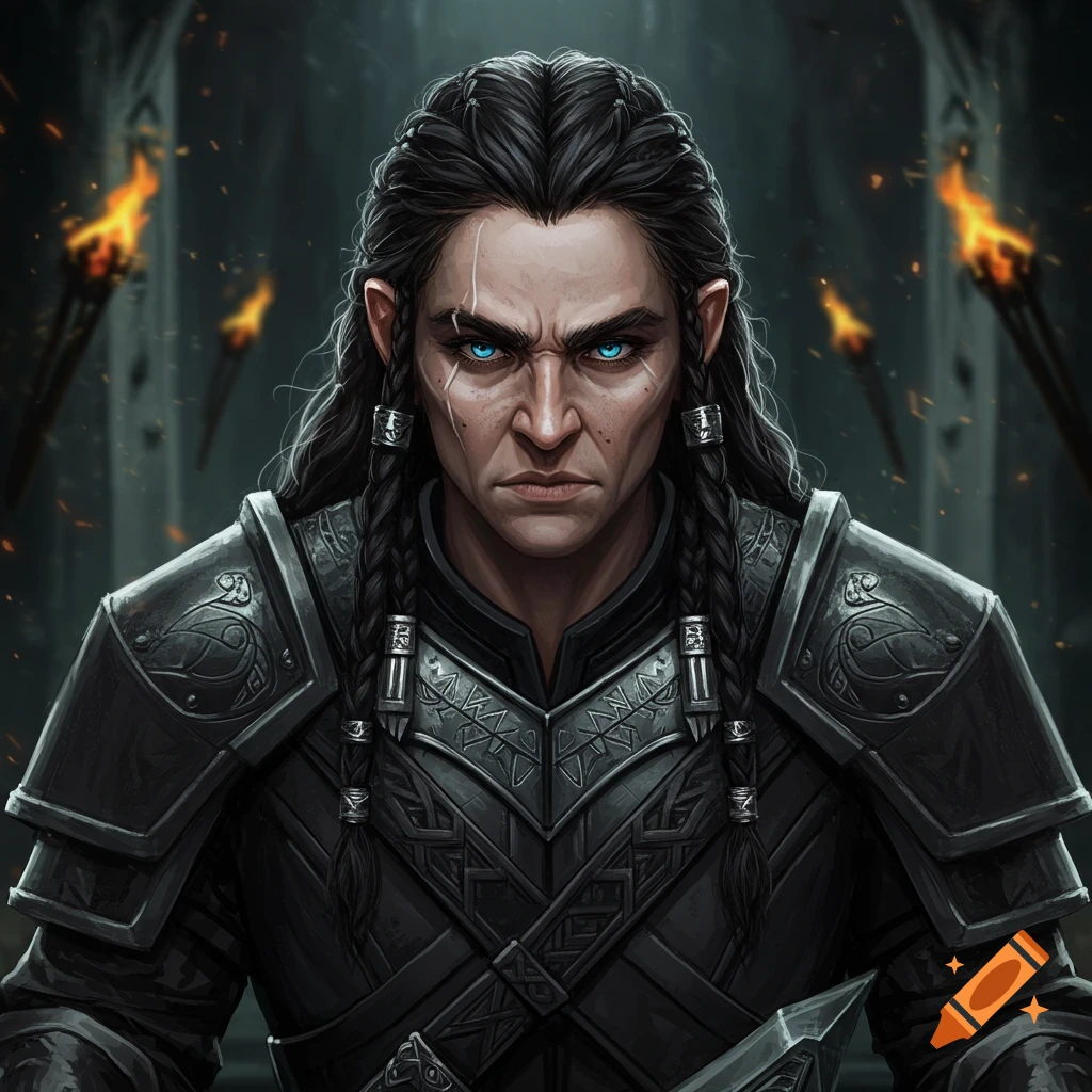 Fantasy portrait of a warrior with braided dark hair and blue eyes in black armor.