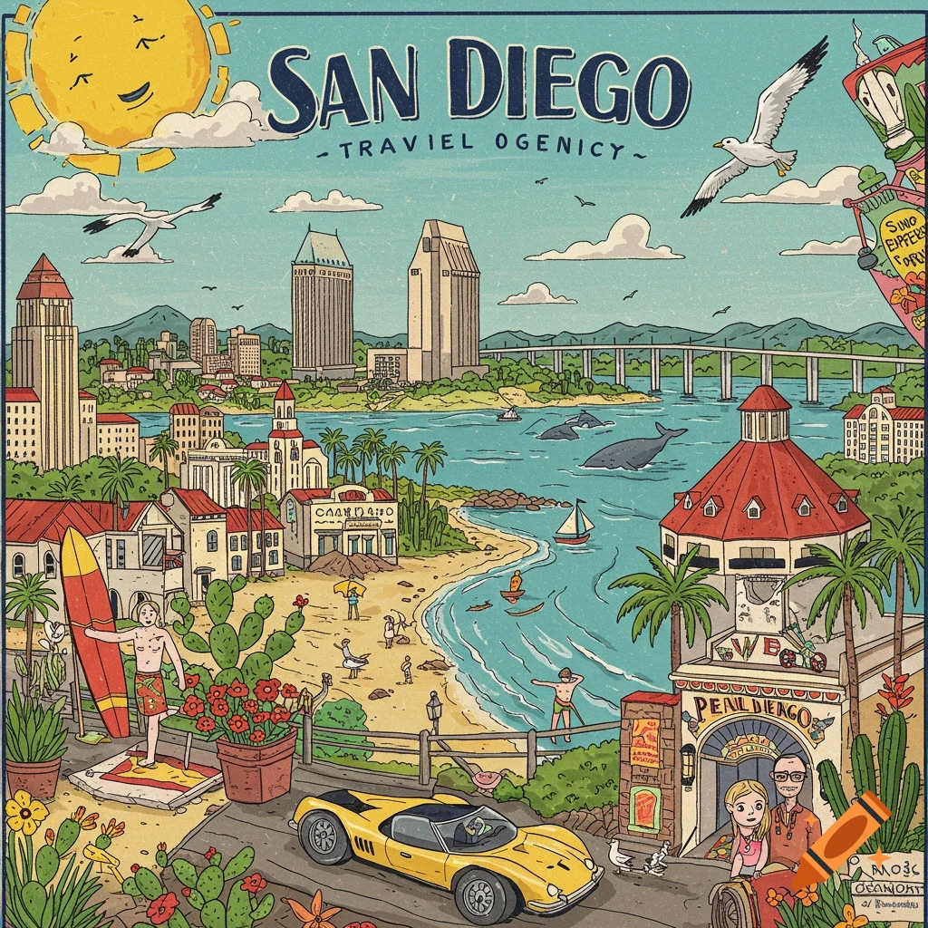 Stylized illustration of San Diego city, bay, beach, people, and a yellow car, in a travel poster style.
