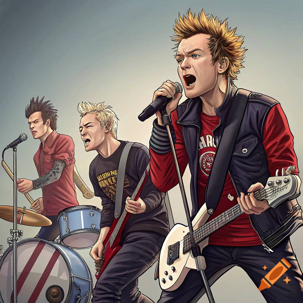 Stylized illustration of a punk rock band performing on stage.