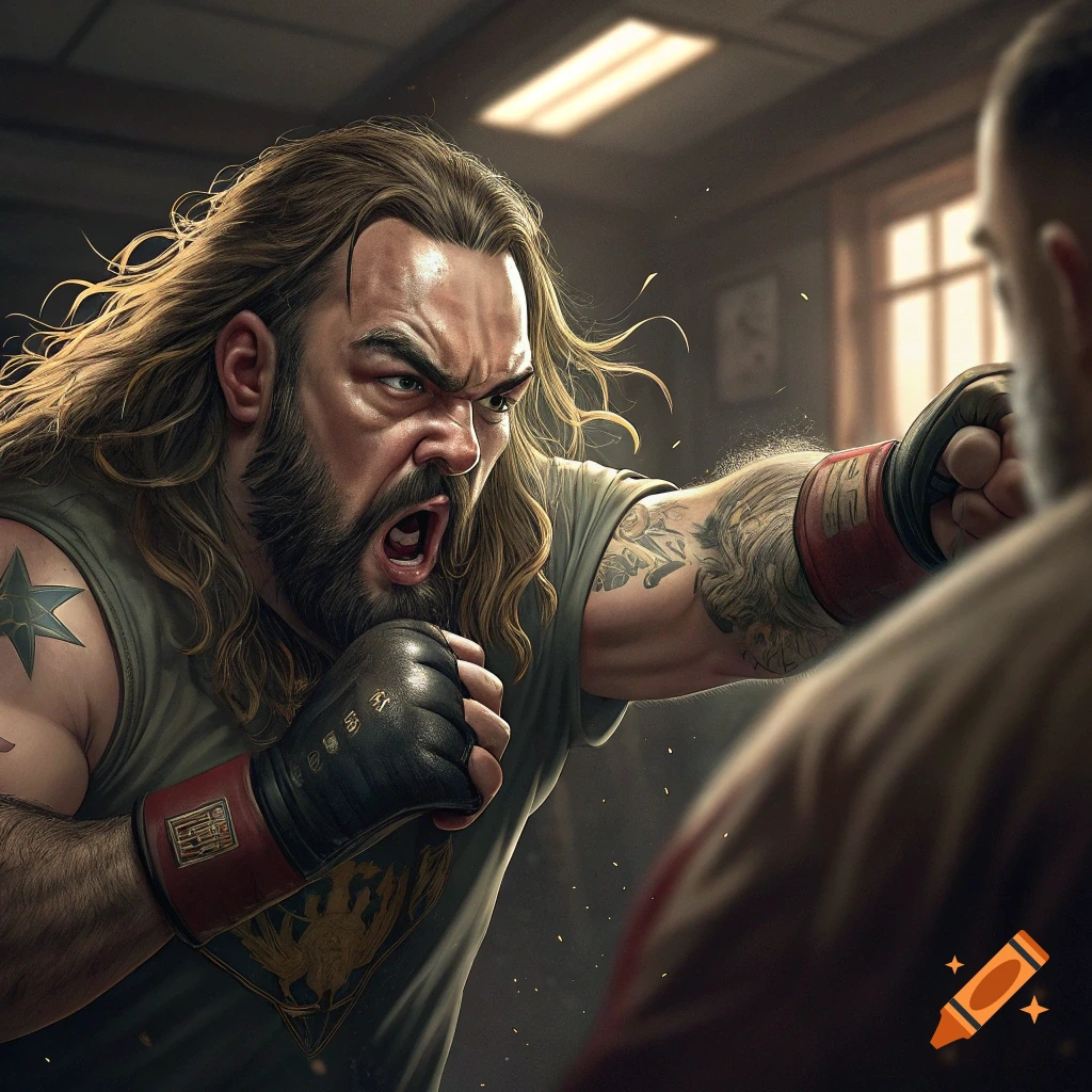 A man with long hair and a beard boxing or sparring in a gym
