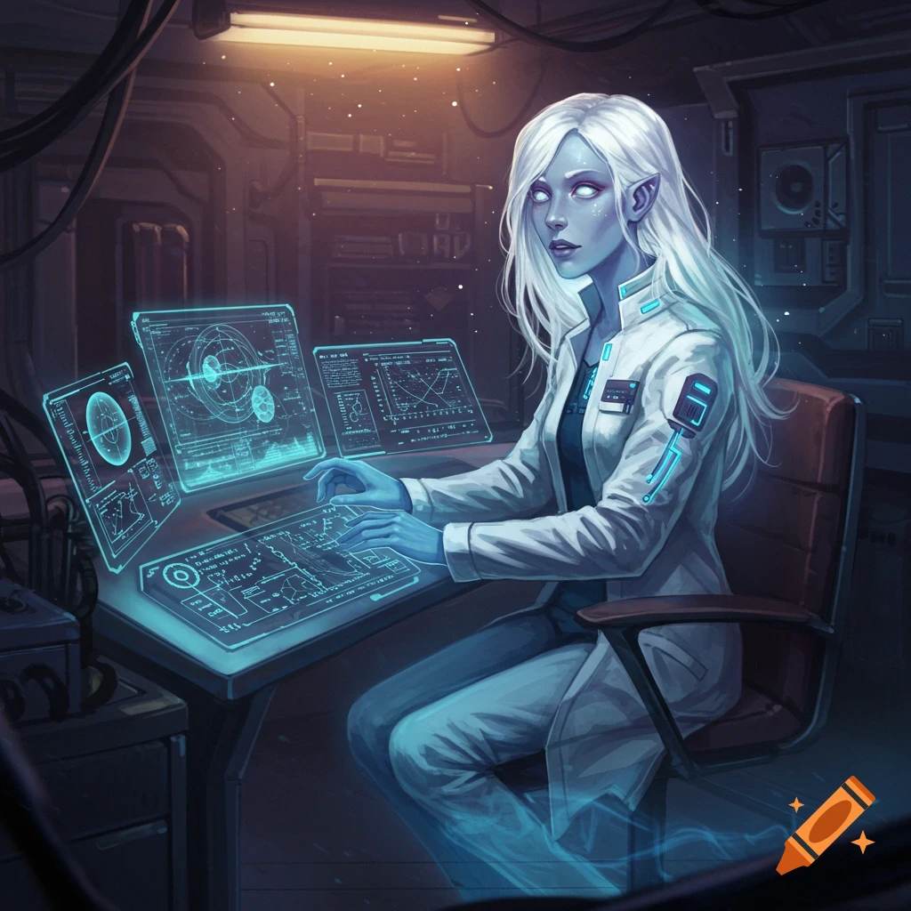A ghostly female scientist with white hair and elf ears, sitting at a glowing sci-fi workstation.