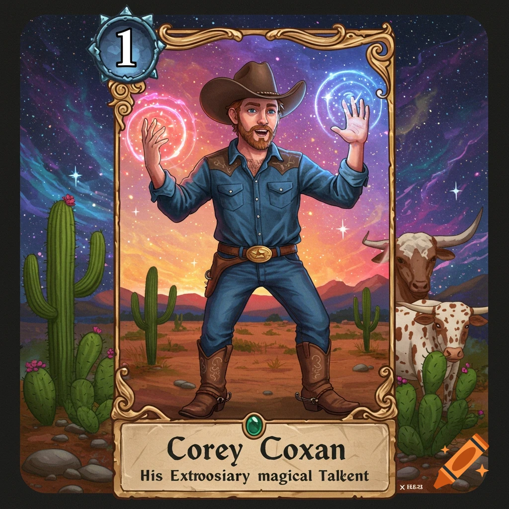 Fantasy trading card illustration of a cowboy casting magic in a desert