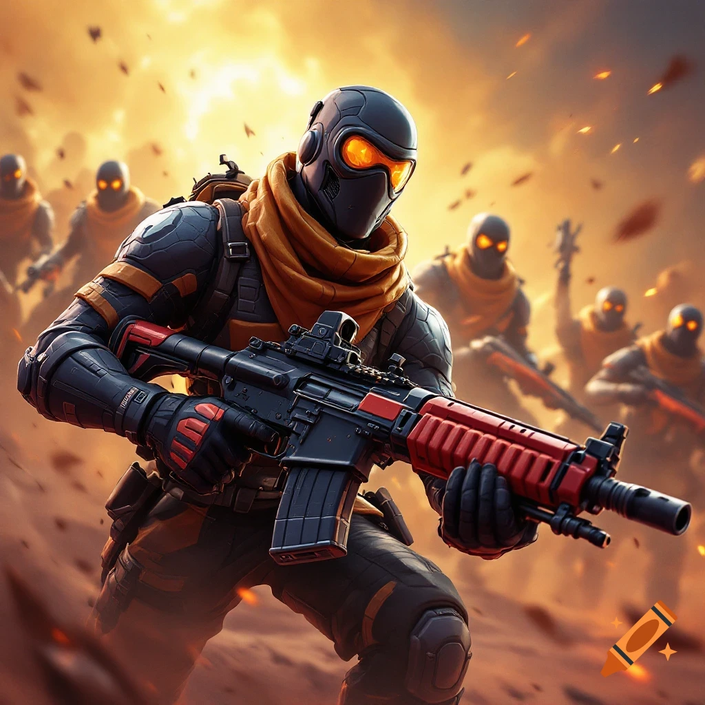 A soldier in futuristic gear with a rifle stands on a battlefield, with other soldiers in the background.