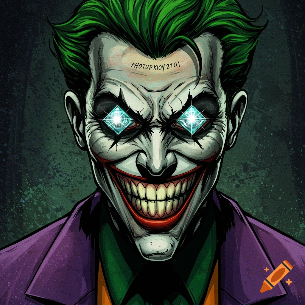A stylized portrait of the Joker with glowing diamond eyes and a wide smile.