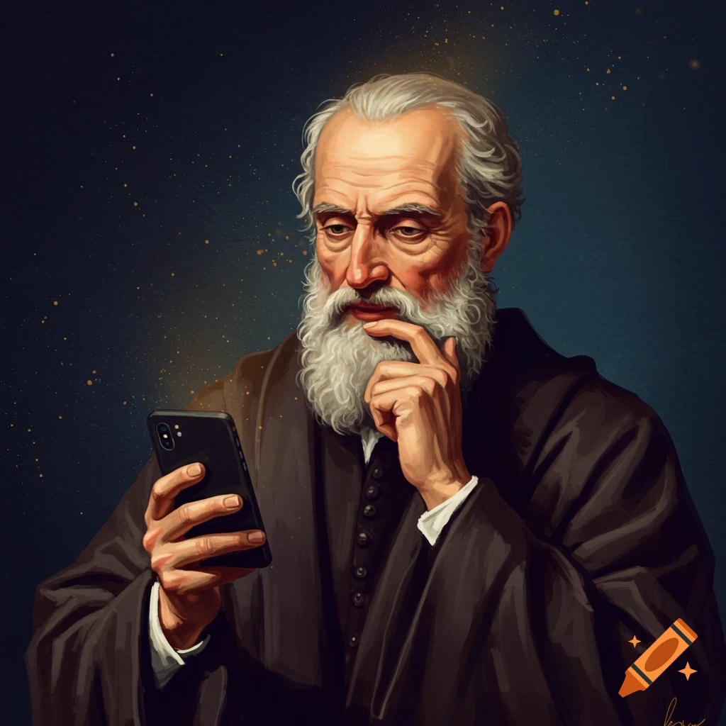 An old man in a robe looks at a smartphone.