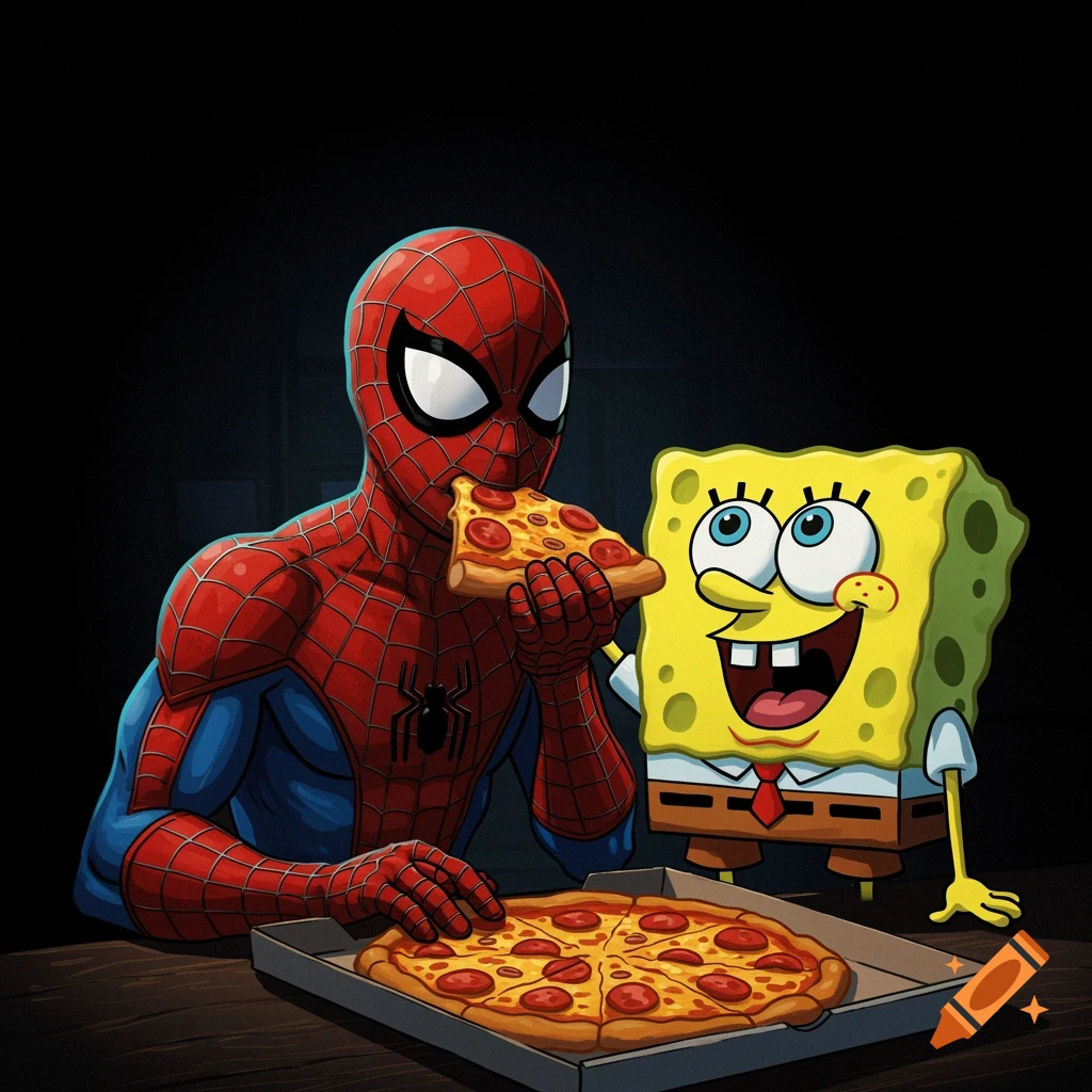 Spider-Man and SpongeBob SquarePants eating pizza in a dark comic book style.