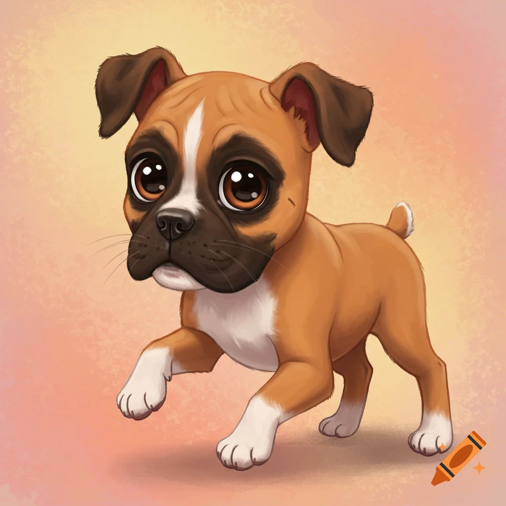 A cute cartoon boxer puppy stands on a peachy background.
