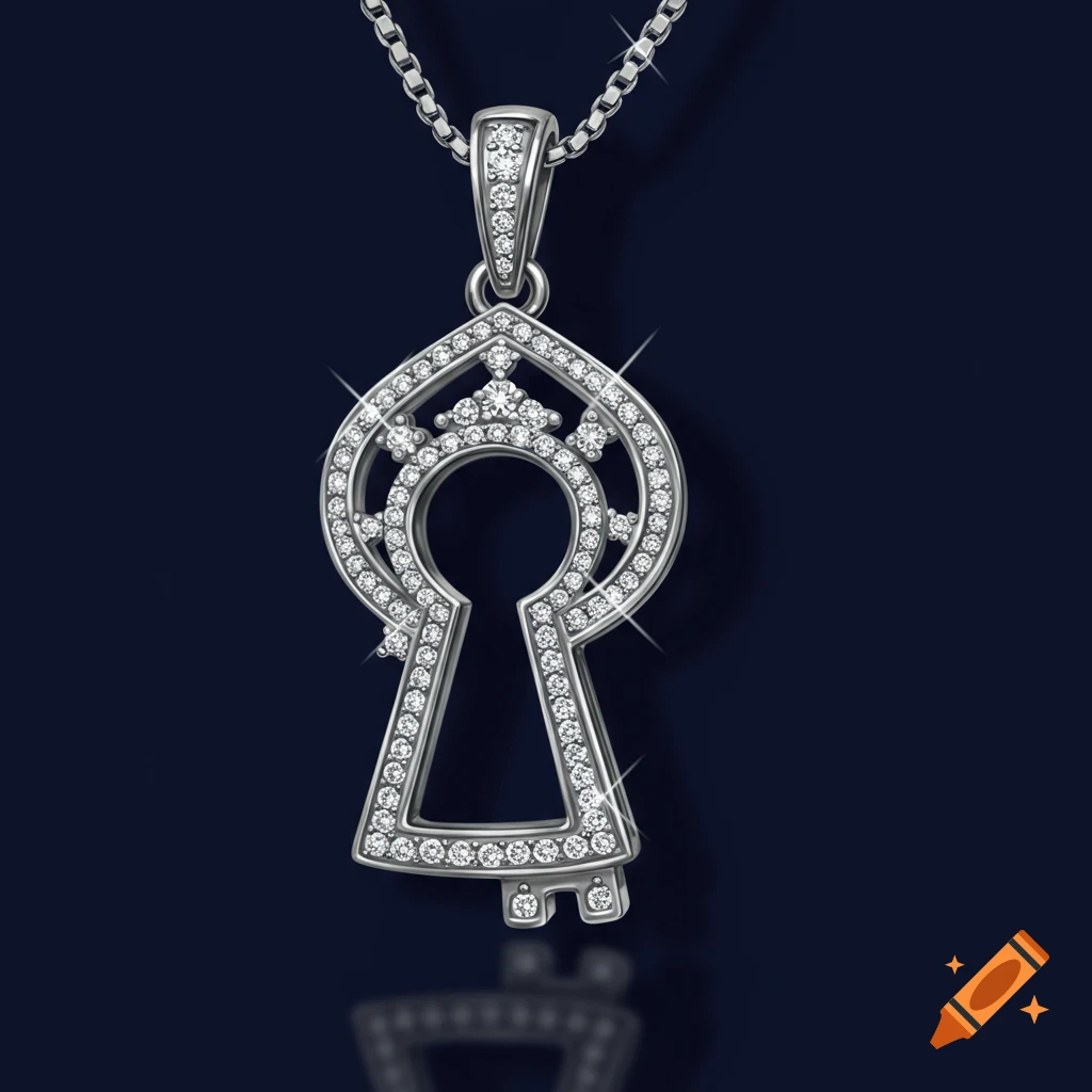 A silver keyhole pendant with diamonds hanging from a chain.