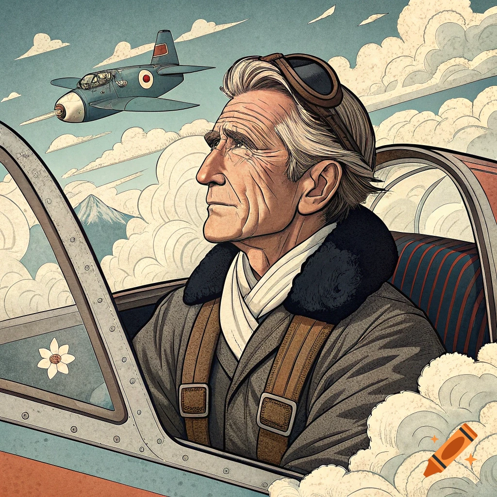 Illustration of an older pilot in a cockpit, looking upwards, with another plane in the sky behind him. Comic book style.