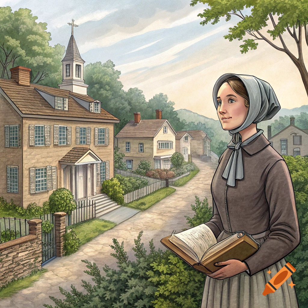 Illustration of a woman in historical dress holding a book in a village scene with a church.