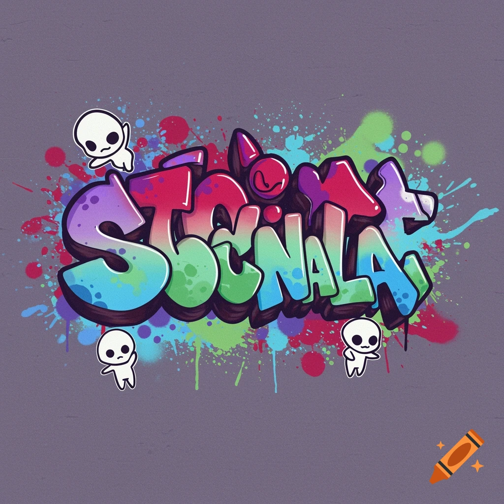 Colorful graffiti text StoicNala surrounded by small white cartoon characters.