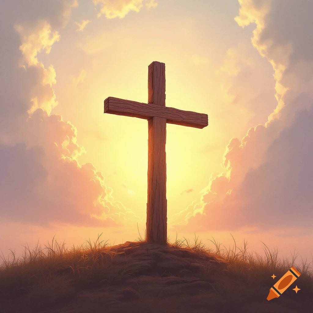 A wooden cross on a grassy hill stands silhouetted against a vibrant sunrise sky with dramatic clouds.