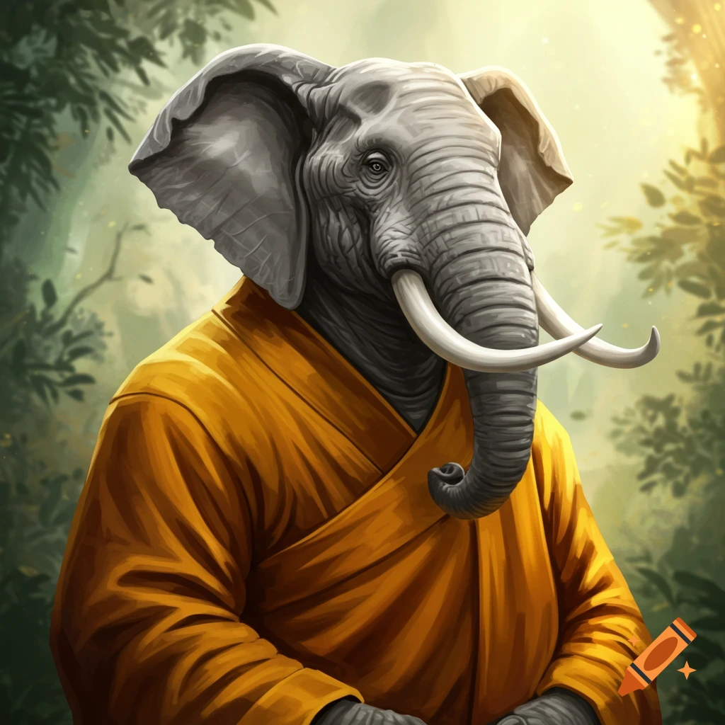 An elephant-like creature wearing orange monk robes stands in a sunlit forest.