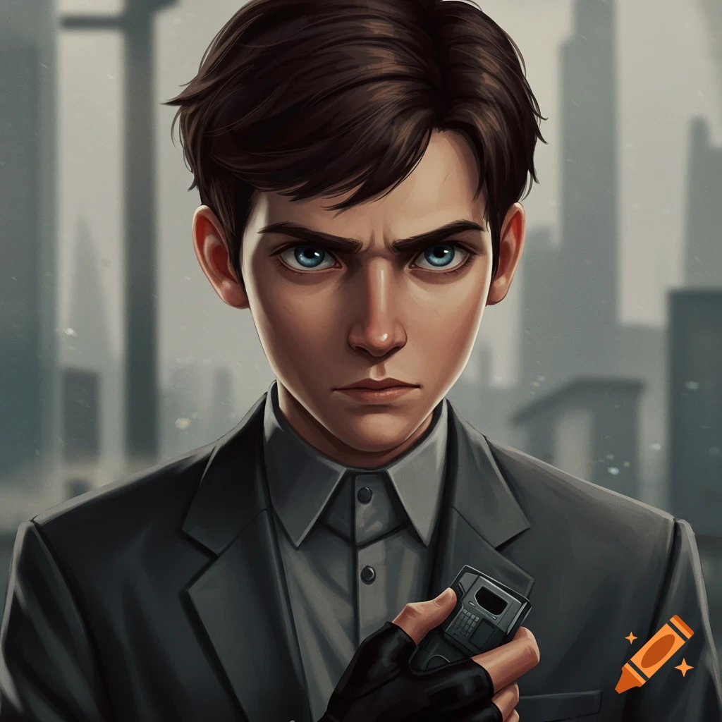 A young man in a suit holds a device with an intense expression, in front of a blurred city background.