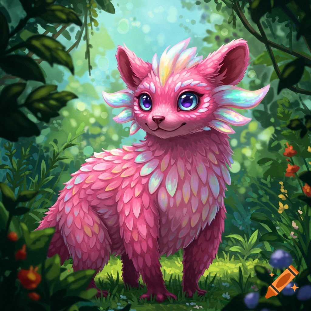 A cute pink fantasy creature with iridescent feathers in a forest.